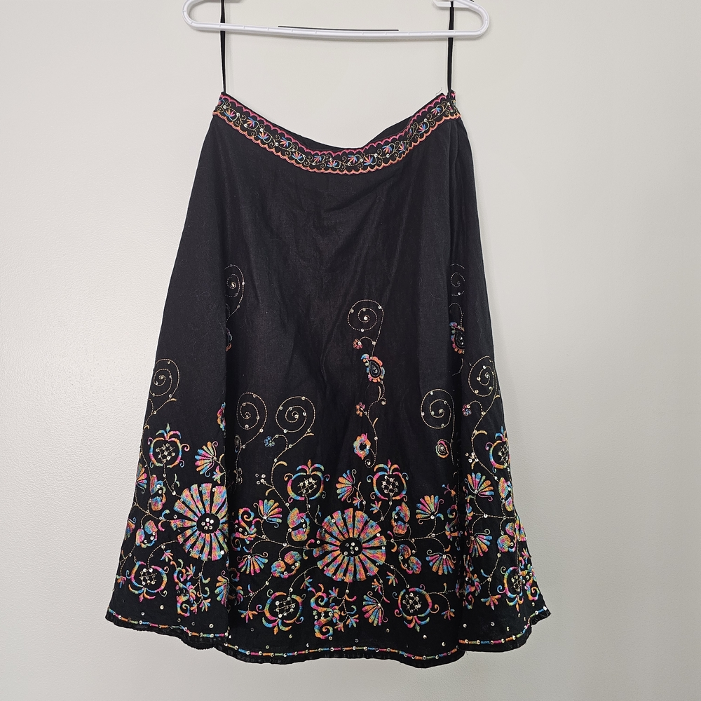 Willi Smith Black Skirt Colorful Embroidery Sequin Whimsigoth 90s Cowgirl Boho